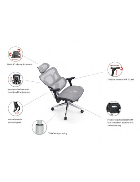 Equip 651050 Silla de Oficina Ergonómica Premium con Reposacabezas y Reposabrazos, Gris