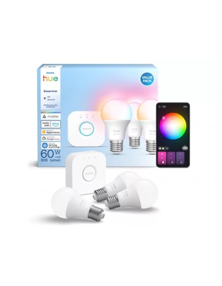Philips Hue Starter kit Essential: 3 Bombillas Inteligentes E27 806 lm + Hue Bridge
