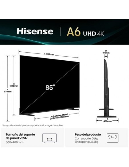 Hisense 85A6Q 85" LED 4K UltraHD HDR10+ Dolby Audio Televisor