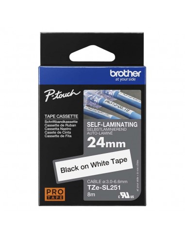 Brother TZESL251 Cinta Autolaminada 24mm x 8m Negro sobre Blanco, Resistente a Arañazos
