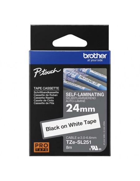 Brother TZESL251 Cinta Autolaminada 24mm x 8m Negro sobre Blanco, Resistente a Arañazos