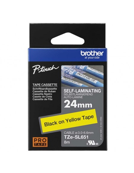 Brother TZESL651 Cinta Autolaminada 24mm x 8m Negro sobre Blanco, Resistente a Arañazos