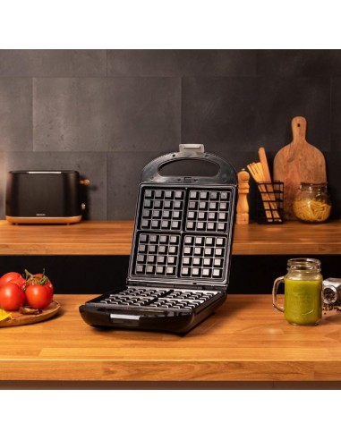 Cecotec Rock'nToast Family Waffle. Gofrera de 1500 W, Capacidad 4 Gofres, Antiadherente