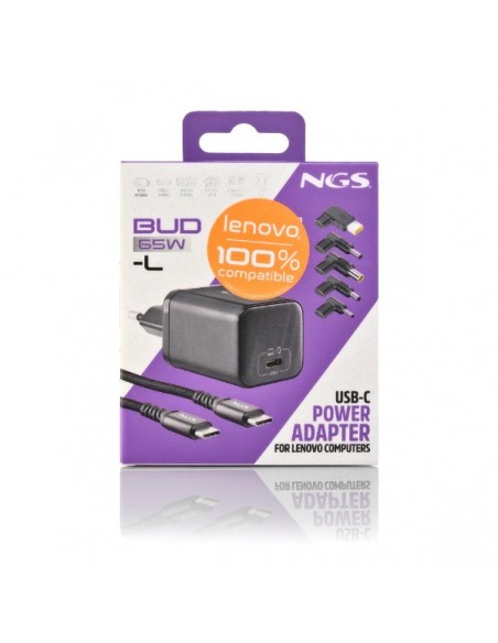 NGS BUD65W-L Cargador de Portátil (Lenovo) GaN 1xUSB-C 65W Automático, 5 Conectores, Voltaje 5-20V