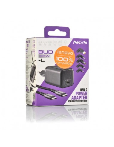 NGS BUD65W-L Cargador de Portátil (Lenovo) GaN 1xUSB-C 65W Automático, 5 Conectores, Voltaje 5-20V