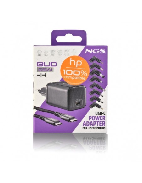 NGS BUD65W-H Cargador de Portátil (HP) GaN 1xUSB-C 65W Automático, 8 Conectores, Voltaje 5-20V