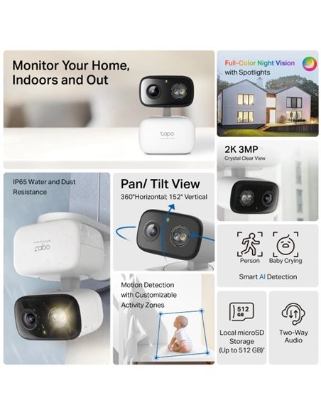 TP-Link Tapo C216 Cámara de Vigilancia 360º Interior/Exterior, 2K 3MP, Detección IA Gratuita, Visión Nocturna