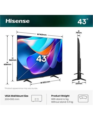 Hisense 43A6S 43" LED 4K UltraHD Smart TV VIDAA HDR10 Dolby Vision Televisor