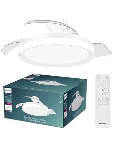 Philips Bliss Ventilador de Techo con Luz LED Regulable, Aspas Retráctiles y Mando, Blanco con Destellos