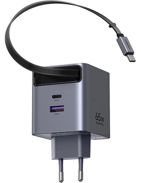 Ugreen Nexode Cargador de Pared GaN 65W Cable Retráctil USB-C 2xUSB-C 1xUSB-A Gris