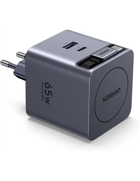 Ugreen Nexode Cargador de Pared GaN 65W Cable Retráctil USB-C 2xUSB-C 1xUSB-A Gris