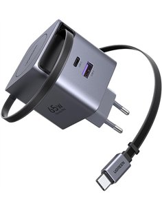 Ugreen Nexode Cargador de Pared GaN 65W Cable Retráctil USB-C 2xUSB-C 1xUSB-A Gris