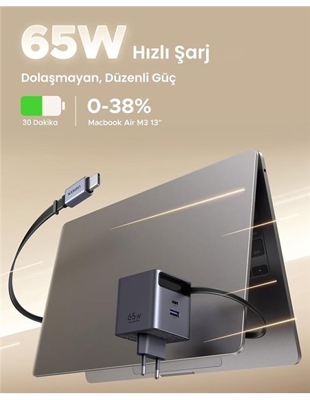 Ugreen Nexode Cargador de Pared GaN 65W Cable Retráctil USB-C 2xUSB-C 1xUSB-A Gris