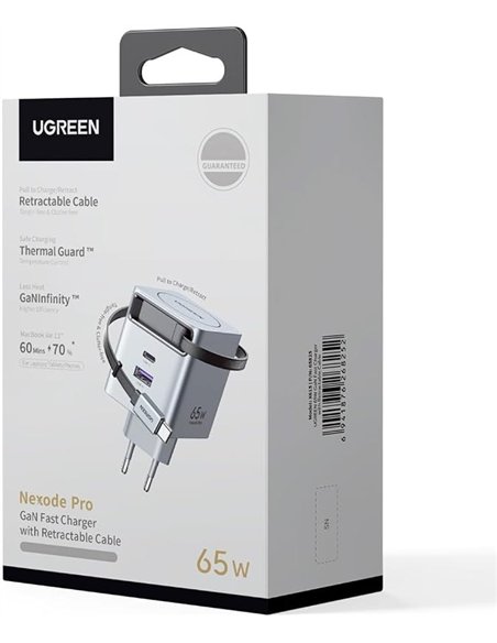Ugreen Nexode Cargador de Pared GaN 65W Cable Retráctil USB-C 2xUSB-C 1xUSB-A Gris