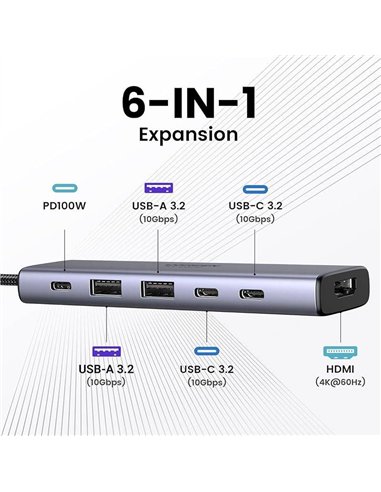 Ugreen Hub USB-C 6 en 1 HDMI 4K/60Hz 2xUSB-C 2xUSB-A PD 100W Gris