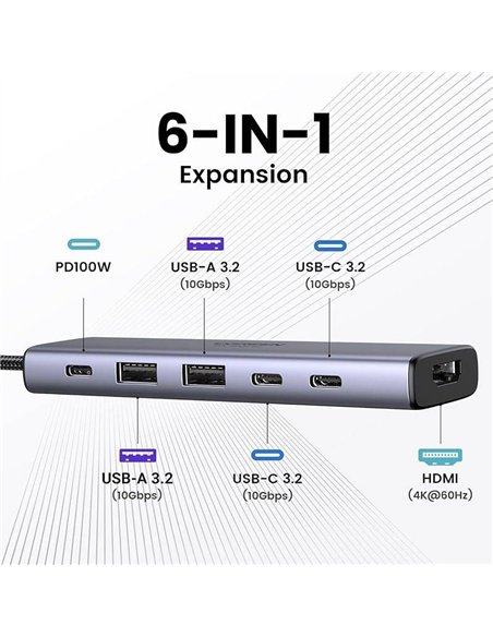 Ugreen Hub USB-C 6 en 1 HDMI 4K/60Hz 2xUSB-C 2xUSB-A PD 100W Gris