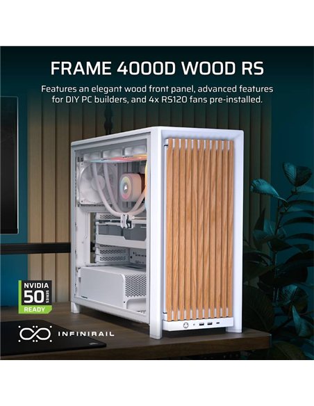Corsair FRAME 4000D WOOD RS Caja PC Semitorre Modular ATX Panel Madera Nogal Blanco