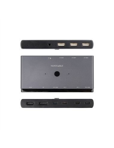Nanocable Switch KVM 2xUSB-C a 3xUSB-A 2xPD HDMI DisplayPort Audio