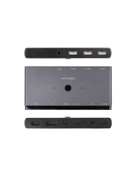 Nanocable Switch KVM 2xUSB-C a 3xUSB-A 2xPD HDMI DisplayPort Audio