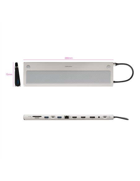 Nanocable Hub USB-C 3.1 PD 100W 2xHDMI DisplayPort RJ45 SD/TF Gris 18cm
