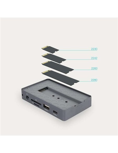 TooQ TQE-2242G Caja Externa SSD M.2 SATA NGFF/NVMe PCIe + Hub USB-C 10 en 1 10Gbps PD 100W Gris