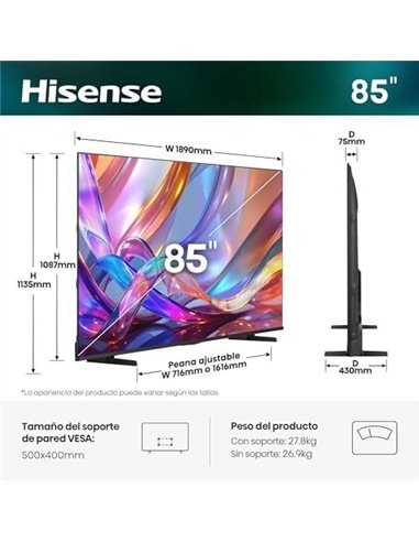 Hisense 85E7S 85" QLED Ultra HD 4K 60Hz Smart TV Televisor