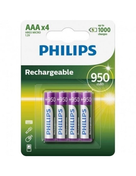 Philips R03B4A95/10 Pilas Recargables 950mAh AAA HR03 4 Unidades