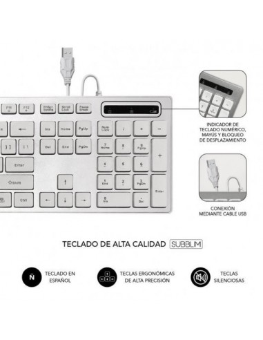 Subblim Ergo Silent Flat Teclado USB Blanco/Plata