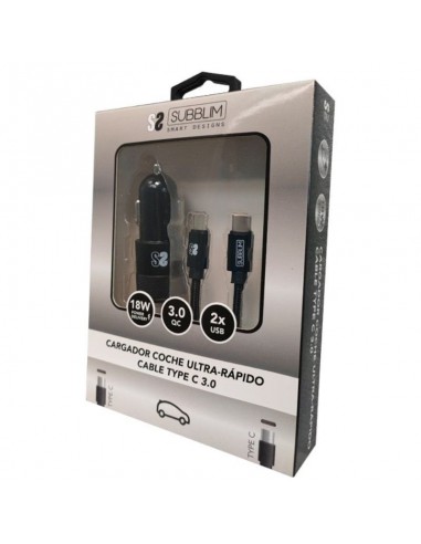 Subblim Cargador de Coche 2xUSB + Cable USB-C Negro