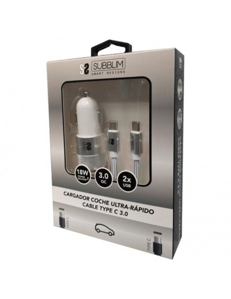 Subblim Cargador de Coche 2xUSB + Cable USB-C Plata