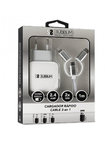 Subblim Cargador 2xUSB 2.4A + Cable 3 en 1 MicroUSB/USB-C/Lightning Blanco