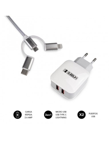 Subblim Cargador 2xUSB 2.4A + Cable 3 en 1 MicroUSB/USB-C/Lightning Blanco