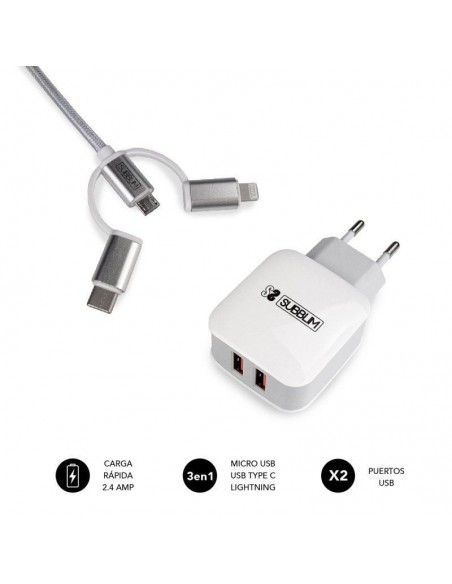 Subblim Cargador 2xUSB 2.4A + Cable 3 en 1 MicroUSB/USB-C/Lightning Blanco