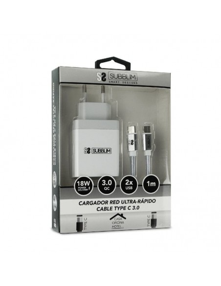 Subblim Cargador de Pared USB 2.4A + Cable USB-C Blanco