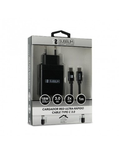 Subblim Cargador de Pared USB 2.4A + Cable USB-C Negro