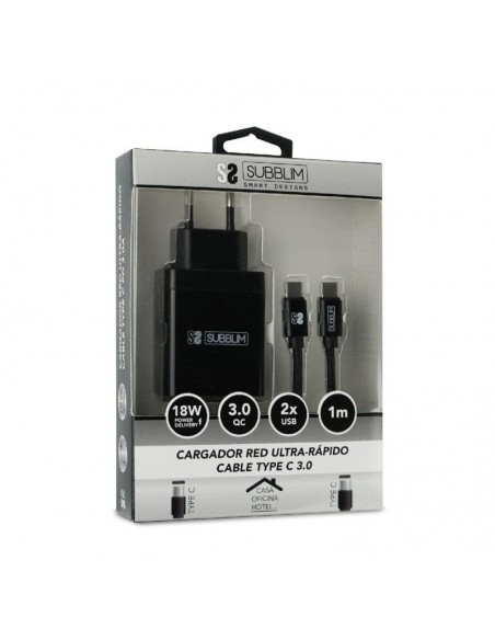 Subblim Cargador de Pared USB 2.4A + Cable USB-C Negro