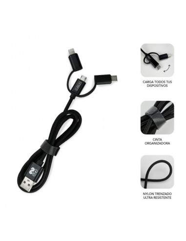 Subblim Cargador de Coche 2xUSB + Cable USB 3 en 1 Lightning/MicroUSB/USB-C Negro