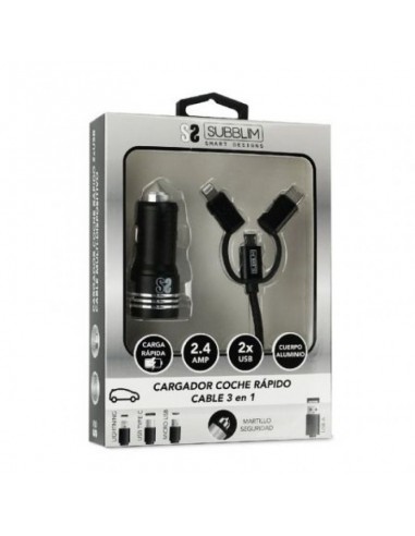Subblim Cargador de Coche 2xUSB + Cable USB 3 en 1 Lightning/MicroUSB/USB-C Negro