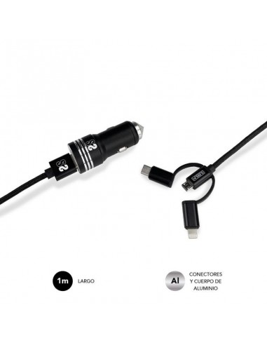Subblim Cargador de Coche 2xUSB + Cable USB 3 en 1 Lightning/MicroUSB/USB-C Negro