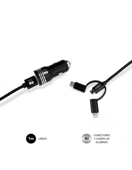 Subblim Cargador de Coche 2xUSB + Cable USB 3 en 1 Lightning/MicroUSB/USB-C Negro