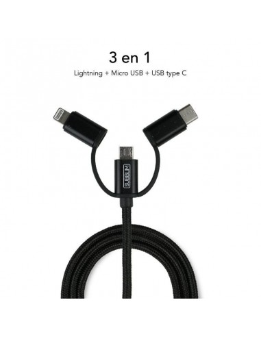 Subblim Cargador de Coche 2xUSB + Cable USB 3 en 1 Lightning/MicroUSB/USB-C Negro