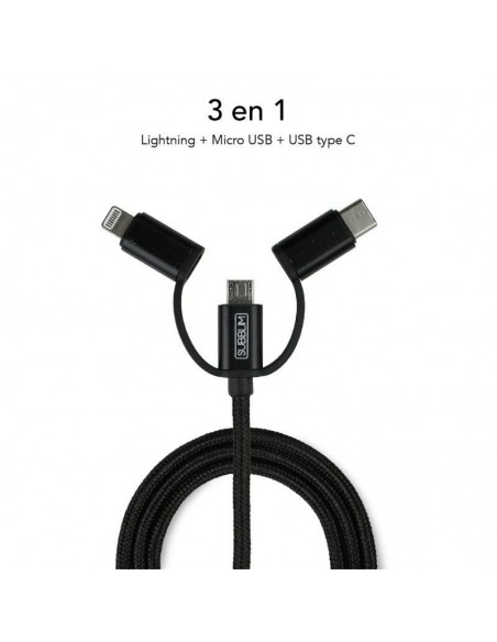 Subblim Cargador de Coche 2xUSB + Cable USB 3 en 1 Lightning/MicroUSB/USB-C Negro