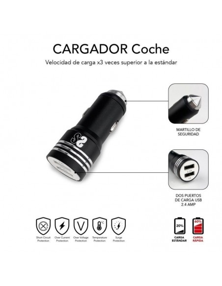 Subblim Cargador de Coche 2xUSB + Cable USB 3 en 1 Lightning/MicroUSB/USB-C Negro